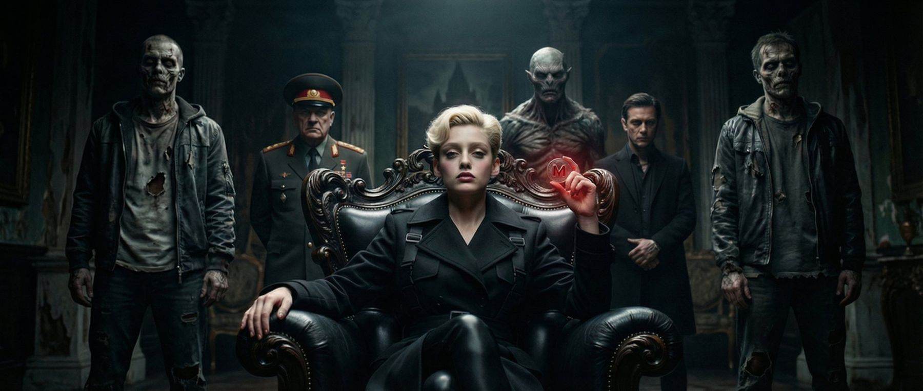 Black Market: Moscow — key art, a woman in a leather chair surrounded by her crew