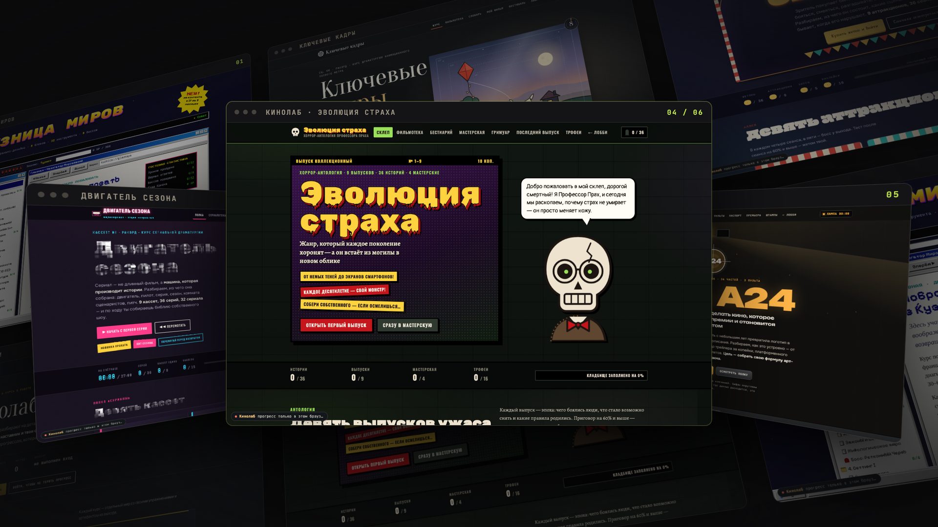 Kinolab interface: the Evolution of Fear course in front, other courses — Season Engine, The A24 Code, World Forge, Key Frames, Genre as a Promise — arranged behind it