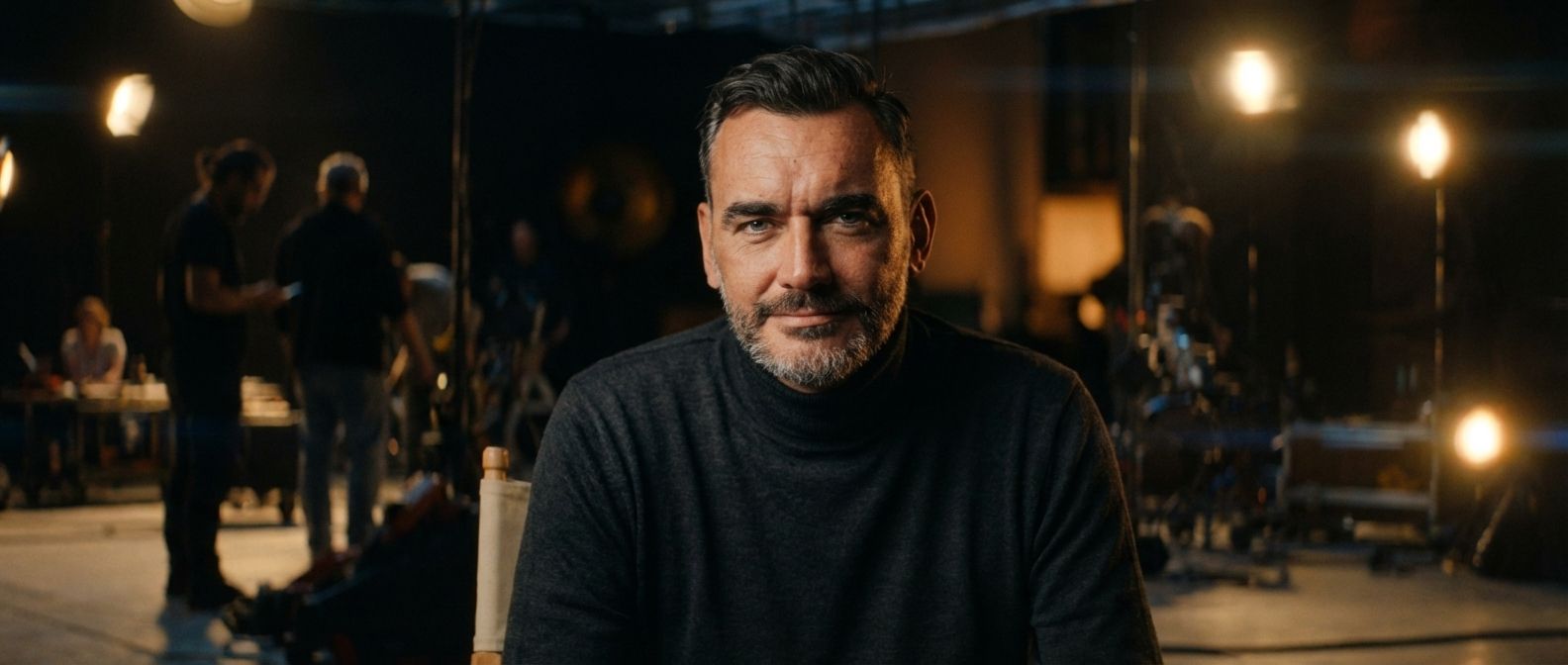 Vad Levin on a film set, crew and lights behind him