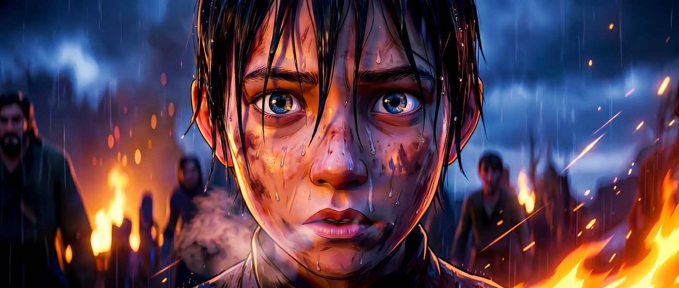 Respawn — a boy's face lit by fire on a battlefield