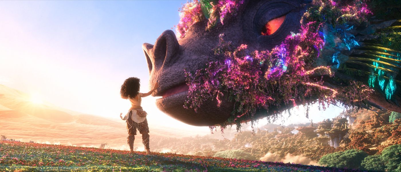 Wildwake — a girl touches the face of a giant sleeping creature overgrown with flowers