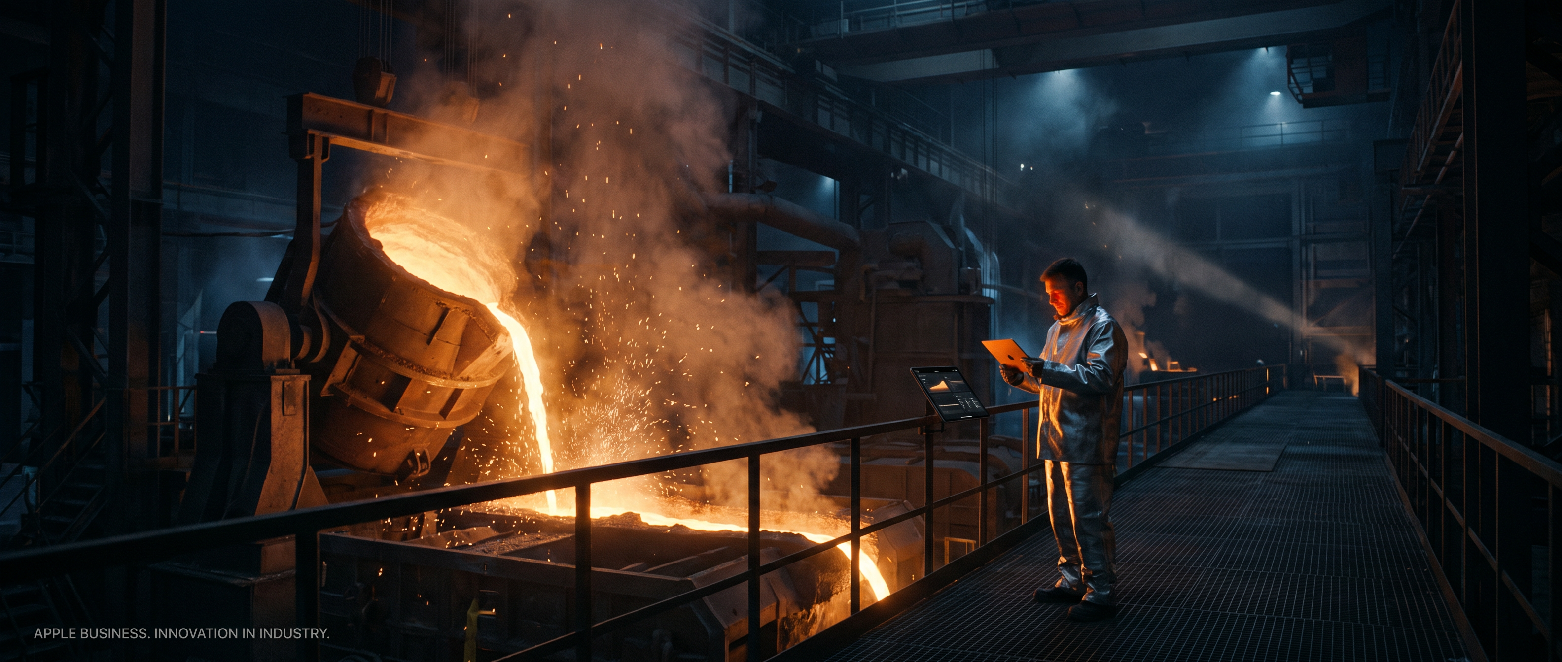 Concept frame — night foundry, molten pour, a single operator on the gantry