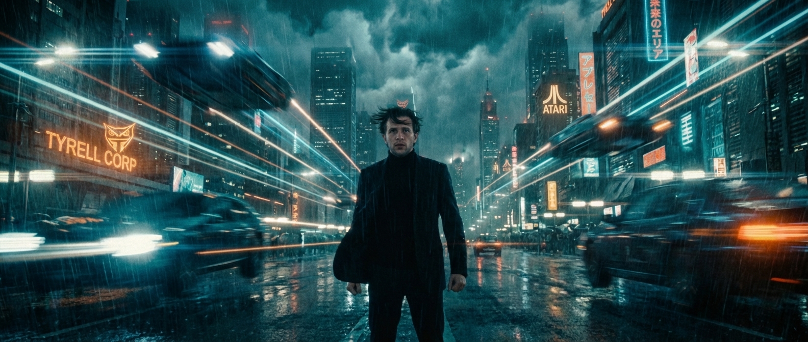 Concept frame — a man standing still in a rain-lit city street at night