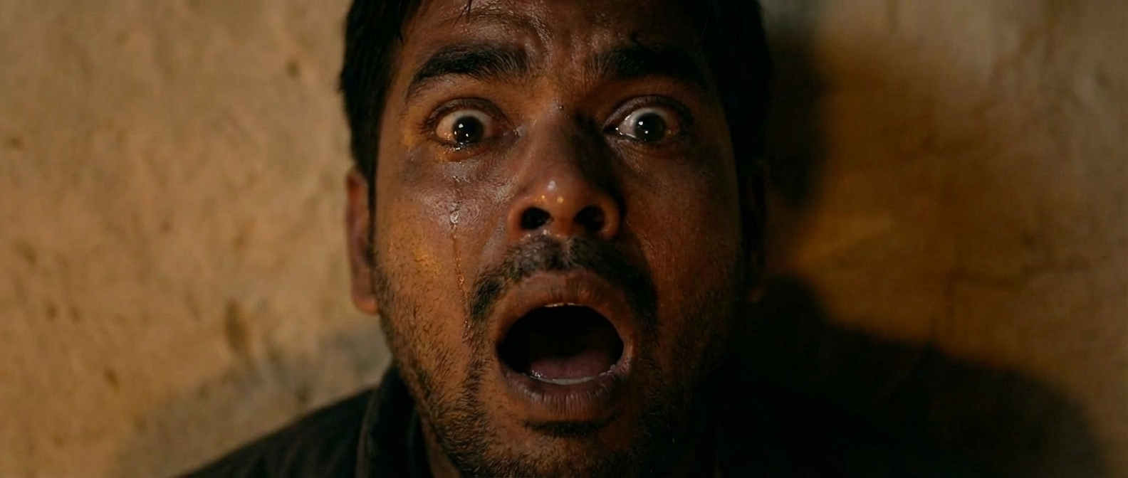 Series frame — close-up of a man mid-scream against a bare wall