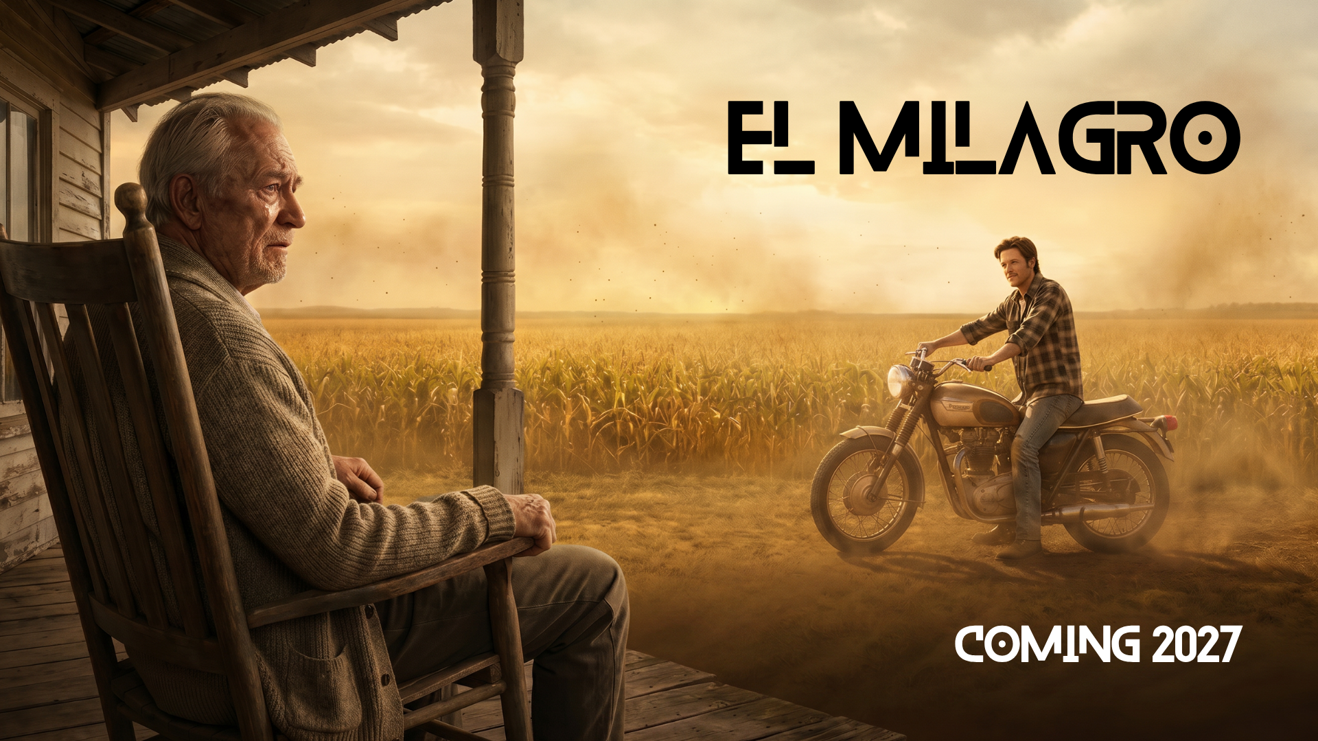 El Milagro — key art: an old man and his robot avatar in rural America